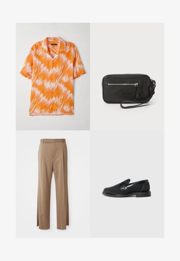Krátký rukáv, košile v oranžové a bílé barvě, s vrstvovitým vzorem, límečkovým designem a zapínáním na knoflíky. Lehká, strukturovaná tkanina.; Světle hnědé kalhoty na míru se rovnými nohavicemi, poutky na pásek, předním švem a skrytým zapínáním, položené na bílé pozadí.; Černé pletené nazouvací boty s hladkým koženým akcentem na svršku, kulatou špičkou a nízkoprofilovou gumovou podrážkou.; Černá kožená kabelka s texturovaným povrchem, přední kapsou na zip a odnímatelným zápěstním poutkem. Na přední straně se nachází logo. Obdélníkový tvar.