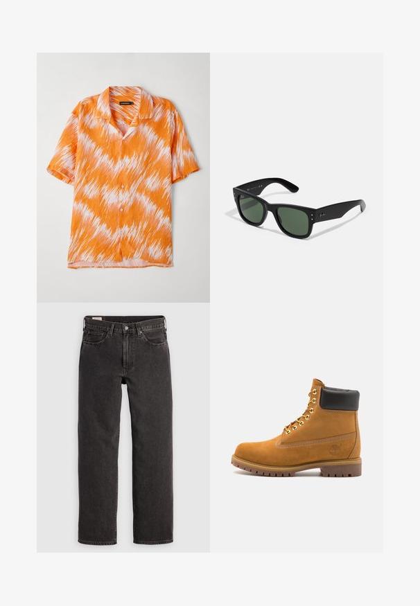 Korte mouwen shirt in oranje en wit, met een zigzagpatroon, met kraagdesign en knoopsluiting aan de voorkant. Lichtgewicht, gestructureerde stof.; Zwarte denim jeans met een rechte pijpontwerp, vijf zakken en metalen accenten. De stof heeft een lichte textuur en een effen kleurafwerking.; Tan suède enkelboot met zwart gevoerd kraagje, gouden metalen oogjes, witte stikdetails en een robuuste rubberen zool met uitgesproken profiel.; Zwarte rechthoekige zonnebril met groene lenzen, matte afwerking, subtiele hardwareaccenten en een gegraveerd logo op de slaap.