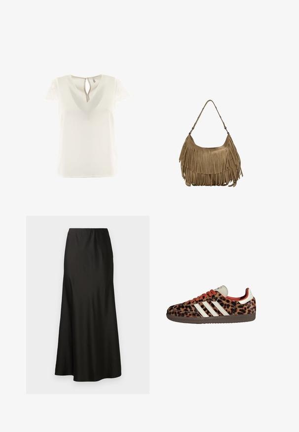 Bijela bluzica s V izrezom i čipkastim kratkim rukavima. Stražnji dio ima otvaranje u obliku ključa. Glatka tekstura, lagana tkanina.; Crna saten maxi suknja s glatkom teksturom, visokim strukom i razvedenim donjim dijelom. Ima jednostavan dizajn bez vidljivih uzoraka ili hardvera.; Tenisice s uzorkom leoparda izrađene od suede materijala, s crvenim vezicama i tri bijele pruge sa strane. Imaju kremasto-bijeli jezik i smeđu potplat.; Smešena smeđa suđena torba s dugim resicama, zakrivljenim oblikom i jednim remenom za rame. Ima glatku, teksturiranu površinu.