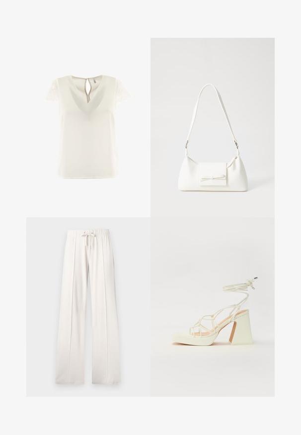 Biezi balta blūze ar V veida kaklu un mežģīņu īsām piedurknēm. Aizmugurē ir atslēgas caurums. Gluda tekstūra, viegls audums.; Gai krēmo krāsas sporta bikses, kas izgatavotas no mīksta auduma, ar auklu jostu, platām kājām un vertikālajām šuvēm, ar gludu tekstūru.; Baltas augstpapēžu sandales ar masīvu papēdi, ar siksnu dizainu un potītes saistītiem elementiem. Gluda tekstūra ar platformu priekšpusē, lai nodrošinātu papildu augstumu.; Balta sintētiska soma ar trīsstūrveida formu, plakanu priekšējo vāciņu un loku detaļu, regulējamu siksnu, gludu tekstūru un minimālistisku dizainu.