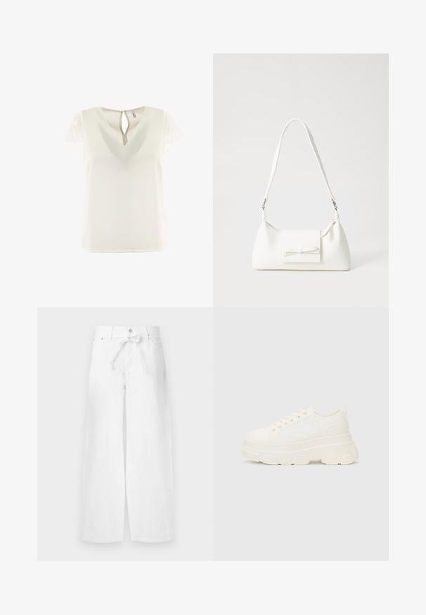 Blouse blanche avec un décolleté en V et des manches courtes en dentelle. Le dos présente une ouverture en forme de goutte. Tissu léger et texture lisse.; Pantalons larges blancs en coton, dotés d'une taille à cordon de serrage, fermeture à un bouton et poches avant. Texture lisse, sans motifs.; Baskets blanches en toile avec une semelle épaisse, bout arrondi et cinq œillets pour les lacets. Onglet arrière pour un enfilage facile. Texture lisse, design minimaliste.; Sac à main synthétique blanc en forme triangulaire, avec un rabat avant plat et un détail en nœud, une bandoulière ajustable, une texture lisse et un design minimaliste.