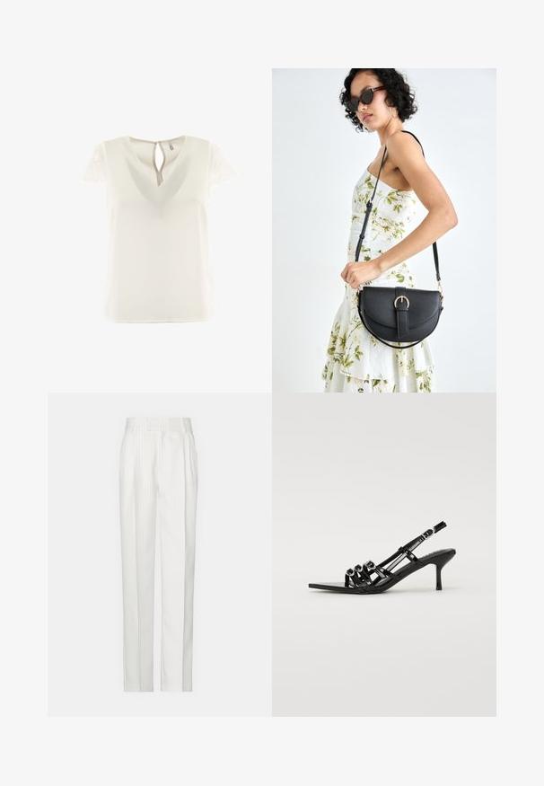 Blusa branca com decote em V e mangas curtas em renda. As costas possuem uma abertura em forma de gota. Tecido suave, leve.; Calças brancas com riscas verticais e um design de perna reta, feitas de um tecido leve. Apresentam pregas na frente e uma cintura tradicional.; Shoe preto de salto alto com atilhos, com bico fino, apresentando várias tiras estreitas e detalhes circulares na parte da frente.; Bolsa de couro preta com forma curva, alça destacável e detalhes em dourado. A bolsa possui uma aba com detalhe de fivela.