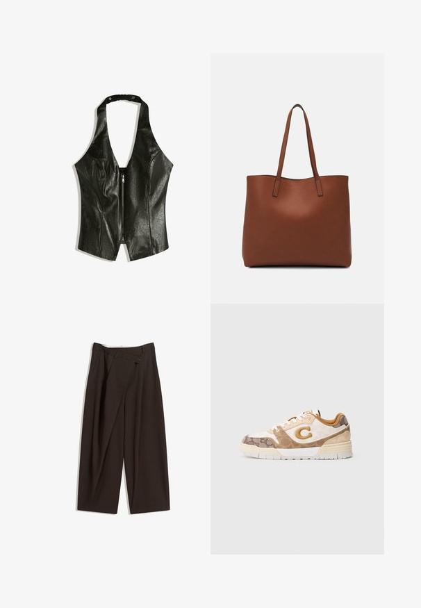 Black leather halter top with a deep V-neck, featuring a front zipper and a gathered neck strap for added detail and texture.; Dark brown wide-leg trousers with a high waist, featuring a single button closure and a pleated front. Made from lightweight fabric.; Low-top sneaker with beige, white, and brown patterned panels, white laces, a tan “C” logo on the side, and a thick off-white sole.; Brown leather tote bag with a smooth texture, open top design, and two shoulder straps. Features minimal stitching and no visible hardware.