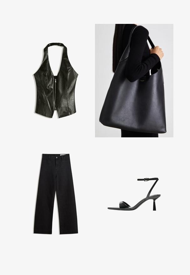 Fekete bőr nyakpántos felső mély V kivágással, elől cipzárral és összegyűrt nyakpánttal a részletek és a textúra fokozása érdekében.; Fekete, bő szabású farmernadrág magas derékkal, elülső és hátsó zsebekkel, varrott felületekkel és gombos záródással. Sima textúra.; Bershka Magas sarkú szandálok - black; Fekete bőr válltáska sima textúrával, méretes formával és egyetlen vállpánttal. Arany logó hangsúly jellemzi.