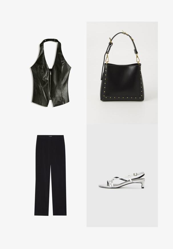 Fekete bőr nyakpántos felső mély V kivágással, elől cipzárral és összegyűrt nyakpánttal a részletek és a textúra fokozása érdekében.; Fekete kordbársony nadrág egyenes szabással, lapos derékkal és láthatatlan zsebekkel, sima textúrával és függőleges bordázással.; Ezüst színű fémes slingback szandál alacsony sarokkal, keresztezett pántokkal és sima felülettel. Minimalista dizájn.; Fekete bőrtáska jól definiált formával, arany szegecsekkel a széleken és levehető pánttal, arany kiegészítőkkel.