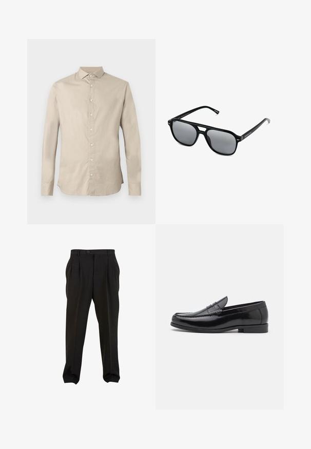 Beige Langarm-Hemd mit Knopfverschluss, spitzem Kragen, sechs Vorderknöpfen und taillierter Passform.; Schwarze Hose aus glattem Stoff mit Frontfalten, einem Knopfbund und schmal zulaufenden Knöchelbündchen. Klassische, taillierte Silhouette.; Schwarze Lederloafers mit abgerundetem Zehenbereich, dekorativen Nähten und einem niedrigen Absatz. Glatte Oberfläche mit dezentem Glanz. Klassisches Design ohne Verzierungen.; Schwarze Sonnenbrille mit rechteckigen Rahmen, grauen getönten Gläsern und einer Aussparung im Nasensteg. Schlanker, glänzender Kunststoff, mit schmalen Bügeln.