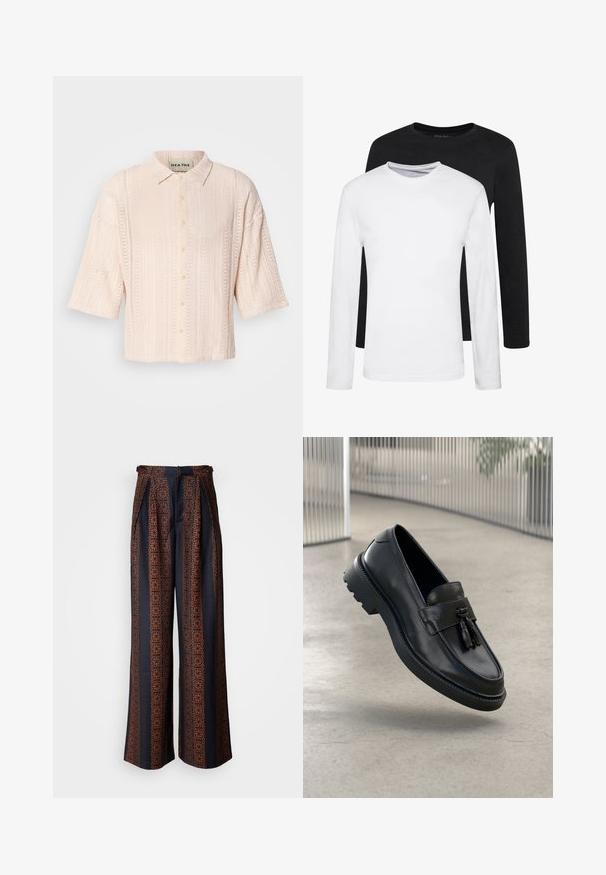 Cămașă scurtă roz deschis, cu mânecă scurtă și guler, având un model texturat din tricot și închidere cu nasturi.; Două cămăși cu mâneci lungi, una neagră și una albă, confecționate din bumbac, cu gât rotund și o textură netedă, prezentate într-un aranjament suprapus.; Pantaloni cu picioare largi dintr-un material albastru închis, având un model geometric complicat în nuanțe de portocaliu, cu un front plisat și un talie ajustată.; Mocasini negri din piele cu finisaj neted, ciucure decorativ, talpă groasă din cauciuc și accente cusute. Design ușor și elegant.