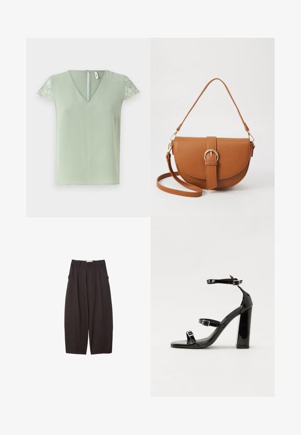 Jasnozielona bluzka z dekoltem w kształcie litery V i krótkimi koronkowymi rękawami, z małym otwarciem z tyłu oraz gładką teksturą tkaniny.; Czarne spodnie o szerokich nogawkach wykonane z gładkiego materiału, z wysokim stanem, plisami z przodu i bocznymi kieszeniami. Prosty fason bez zdobień.; Czarne lakierowane sandały na wysokim obcasie, z dwoma paskami zapinanymi na klamry, kwadratowy nosek i masywny obcas typu słupek, o gładkiej, błyszczącej fakturze.; Brązowa skórzana torba na ramię o zaokrąglonym kształcie, ze złotymi akcentami i zapięciem w formie klamry. Posiada odpinany pasek na ramię.