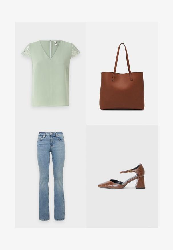 Világoszöld blúz V-nyakkal és rövid csipkekabáttal, hátul kis nyitott résszel és sima szövettextúrával.; Világoskék, széles szárú farmernadrág, közepes derékkal, öt zsebes kialakítással, övhurkokkal és finom kopásokkal a combon.; Barna lakkbőr félcipő négyzetes orral, texturált krokodilmintával, boka pánttal arany csattal és vaskos sarkával.; Barna bőr vászontáska sima textúrával, nyitott tetejű dizájnnal és két vállpánttal. Minimális varrással és látható hardver nélkül készült.