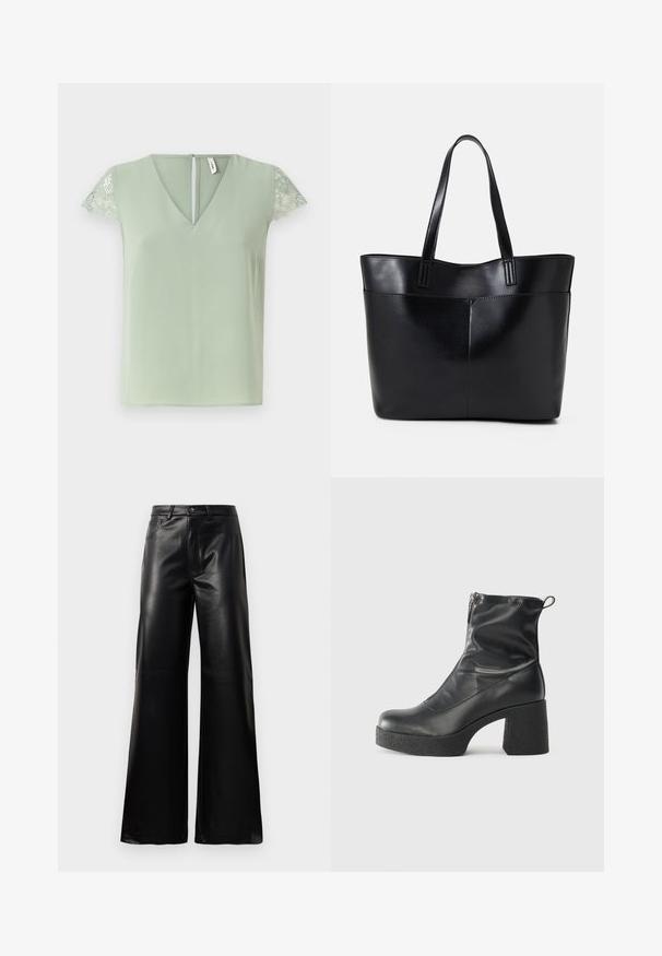 Heled roheline pluus V-kaelusega ja lühikeste pitskäistega, millel on väike avaus taga ja sile kangas.; Mustad talje laiad jalad kunstnahast püksid esipaneeli nööbi ja lukuga, vöödega ja küljetaskutega valge tausta peal.; Mustad mustad ansapüksid, mis on valmistatud siledast nahast, külje zipperiga, paksu tekstuuriga kontsaga ja ümmarguse nina disainiga.; Must mustaga musta nahast, millel on kaks pikka kanda, sile tekstuur ja struktureeritud kuju. Esipoolsel on lisakoti jaoks tasku.