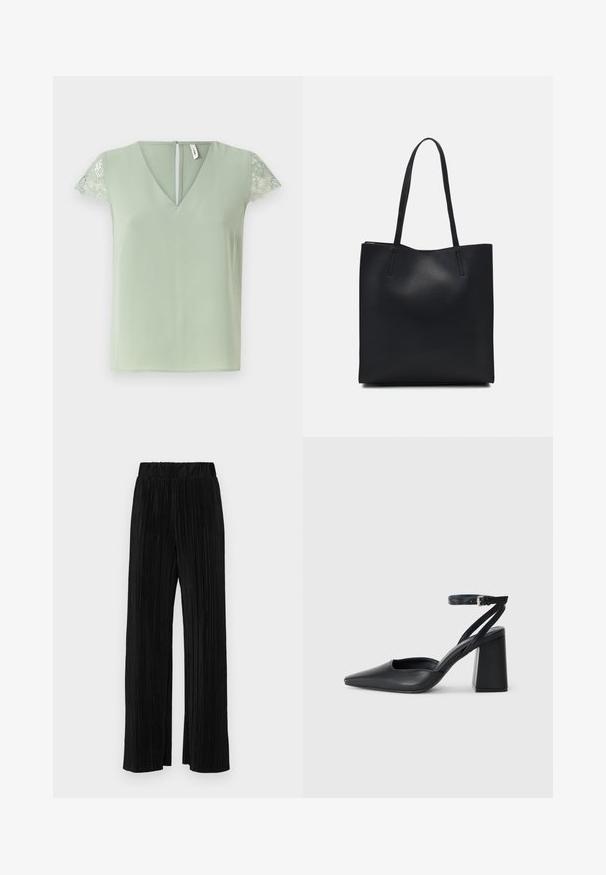 Light green blouse with V-neck and short lace sleeves, featuring a small back opening and a smooth fabric texture.; Black pleated trousers with an elastic waistband. Features wide legs and a smooth, textured fabric with vertical stripes.; Black leather pointy-toe pump with an ankle strap and a chunky heel. Flat texture, sleek design, and minimalistic aesthetics.; Black leather tote bag with smooth texture, rectangular shape, and two long handles. No visible hardware or embellishments.