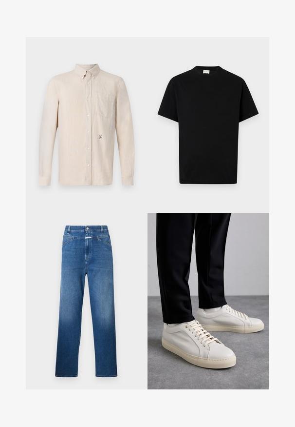 Svetlo béžová košeľa s dlhým rukávom, s golierom, s predným zapínaním na gombíky, jednou náprsní šikov a diskrétnym vyšitým vzorom na ľavej strane.; Čierne bavlnené tričko s okrúhlym výstrihom, krátkymi rukávmi a rovnom strihom. Bez viditeľných vzorov alebo kovových detailov.; Modré riflové nohavice so strihom do rovna, so zapínaním na gombík, pútkami na opasok a jemným vyblednutím na stehnách.; Svetlo béžové kožené tenisky s plochými šnúrkami, textúrovaným povrchom a kontrastnou krémovou gumovou podrážkou, skombinované s čiernymi zúženými nohavicami.