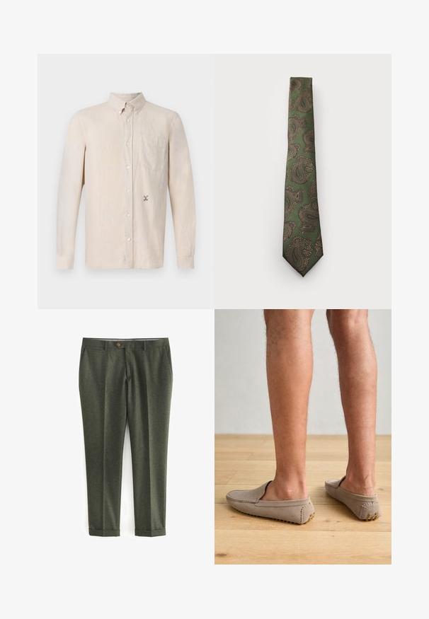 Cămașă bej deschis cu mânecă lungă, guler, închidere cu nasturi, un singur buzunar la piept și un design brodat subtil pe partea stângă.; Pantaloni verde închis dintr-un material texturat, cu buzunare laterale, închidere cu nasture în față și manșete răsucite pentru un aspect elegant.; Pantofi slip-on din nubuc bej, cu vârf rotunjit și cusături decorative, având tălpi din cauciuc texturat cu mici accente aurii.; Cravat verde cu un model paisley în nuanțe de maro și aur. Are un material texturat și un design îngust cu vârf ascuțit.; Ceas digital Casio cu brățară din metal roz auriu, carcasă rectangulară, display iluminat și rezistență la apă, afişând ora și data.