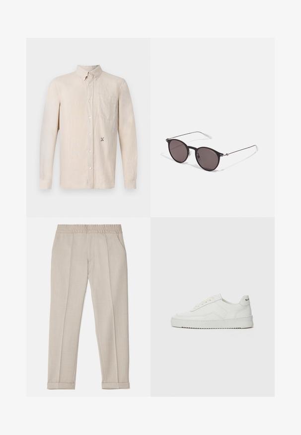 Šviesiai bežė ilgomis rankovėmis marškiniai su apykakle, užsegami mygtukais priekyje, vienu krūtiniu kišenė ir subtiliu išsiuvinėtu raštu kairėje pusėje.; Filippa K TERRY CROPPED TROUSERS - Kelnės - sage melange; Balti odiniai sportiniai bateliai su lygia apdaila, apvaliu pirštu, plokščiais raišteliais ir tekstūruotu padu. Pasižymi subtiliu logotipu ant kulno.; Juodos apvalios saulės akinių su tamsiais lęšiais ir plonomis metalinėmis šakomis. Įtraukti skaidrūs šventyklų galai ir sidabriniai akcentai vyrio srityje. Minimalistinis dizainas.