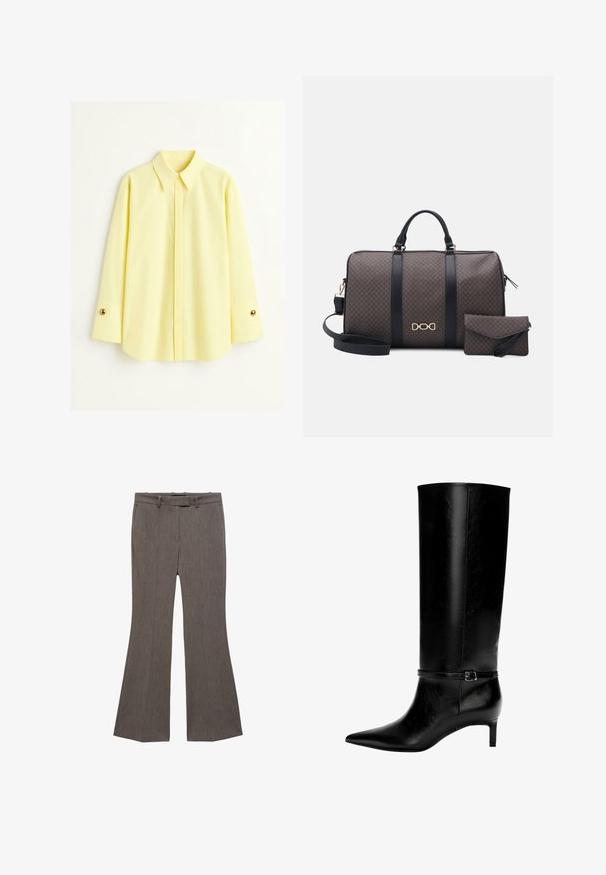 Žuta majica dugih rukava napravljena od lagane tkanine. Ima klasičnu kragnu i zlatne dugmadi na manžetama. Glatka tekstura.; Smeđe razvučene hlače od teksturiranog materijala, s ravnim prednjim dijelom, petljama za pojas i klasičnim srednje visokim strukom. Nema vidljivih džepova.; Crne kožne čizme do koljena s uskim vrhom i malom petom. Imaju usku traku s metalnom kopčom oko gležnja. Glatka tekstura.; Smeđa torba za putovanje s uzorkom, crnim trakama i zlatnim logotipom; uključuje malu pripadajuću torbicu; zatvaranje na patentni zatvarač i čvrst dizajn.