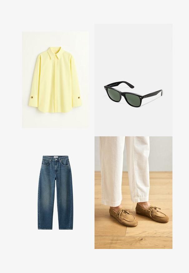 Gul langærmet skjorte lavet af et let stof. Har en klassisk krave og guldknapdetaljer på manchetterne. Glat tekstur.; Mørkeblå denim-jeans med lige ben, fem-lomme design og klassisk knaplukning. Blød tekstur med subtil falmning.; Brune ruskinds bådsko med snørebånd, der har en rund tå og syede detaljer. Båret med hvide kordfløjl-bukser i en træagtig indstilling.; Sorte plastiksolkaber med grønne linser, firkantede stel, sølvaccent på brynene og teksturerede templede arme. Angivet mærke på den indre arm.; Vævet gul håndtaske med et buet topgreb og en ustruktureret form. Den teksturerede overflade har et krydsmønster over hele.