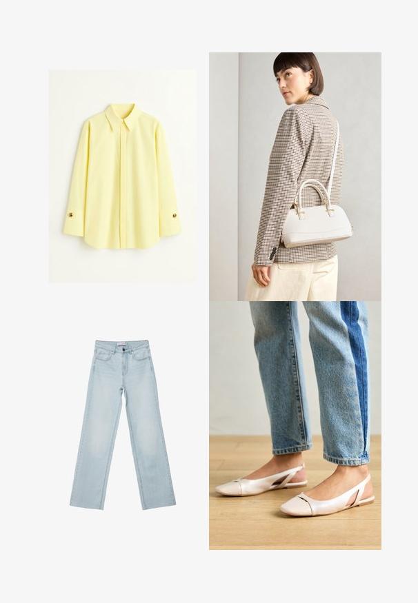 Rumena majica z dolgimi rokavi, izdelana iz lahkotnega materiala. Ima klasičen ovratnik in zlato gumbno obdelavo na manšetah. Gladka tekstura.; Svetlo modri široki kavbojke izdenima. Imajo pet žepov, gumbasto zaponko in zbledela podrobnost. Klasičen naravnost kroj s prostornim prileganjem.; Svijetloružičaste slingback balerinke s šiljastim nožnim prstima, napravljene od glatkog materijala nalik koži. Imaju izrezane detalje sa strane i ravne pete.; Bela strukturirana torba z kratkimi ročaji in naramnim trakom, z zlatimi okrasnimi elementi in teksturiranim materialom, prikazana na sivi podlagi.