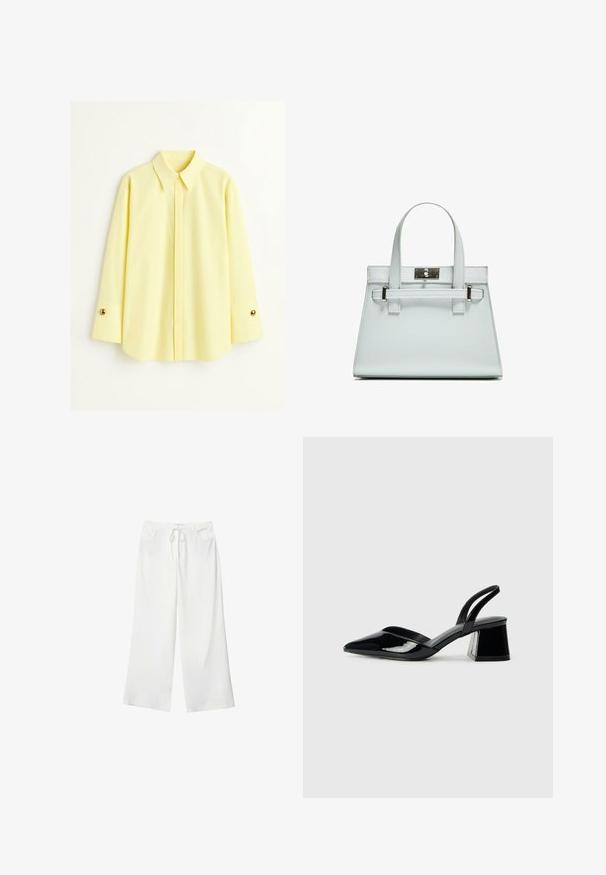 Yellow long-sleeve shirt made of a lightweight fabric. Features a classic collar and gold button detail on the cuffs. Smooth texture.; White wide-leg pants made of soft fabric, featuring a drawstring waist and two front pockets. Smooth texture and no visible patterns.; Black patent leather slingback heels with a pointed toe and a geometric block heel. Features a sleek, minimal design and smooth texture.; Light blue handbag with structured design, two handles, and a silver-toned hardware clasp. Textured material and sharp corners.
