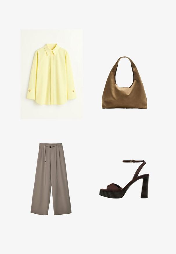 Žuta majica dugih rukava napravljena od lagane tkanine. Ima klasičnu kragnu i zlatne dugmadi na manžetama. Glatka tekstura.; Široke hlače u mekoj, prigušenoj sivoj tkanini, s remenom na struku i plisiranim detaljima za dodatni dizajn. Glatka tekstura, bez uzoraka.; Smeđe zamšaste sandale s visokim potpeticama, otvorenim prstima, podesivom trakicom oko gležnja i prugastom platformom.; Smeđa platnena torba za rame s širokim, zaobljenim tijelom i velikim izrezanim drškom. Mekana tekstura, minimalistički dizajn i bez vidljivog hardvera.