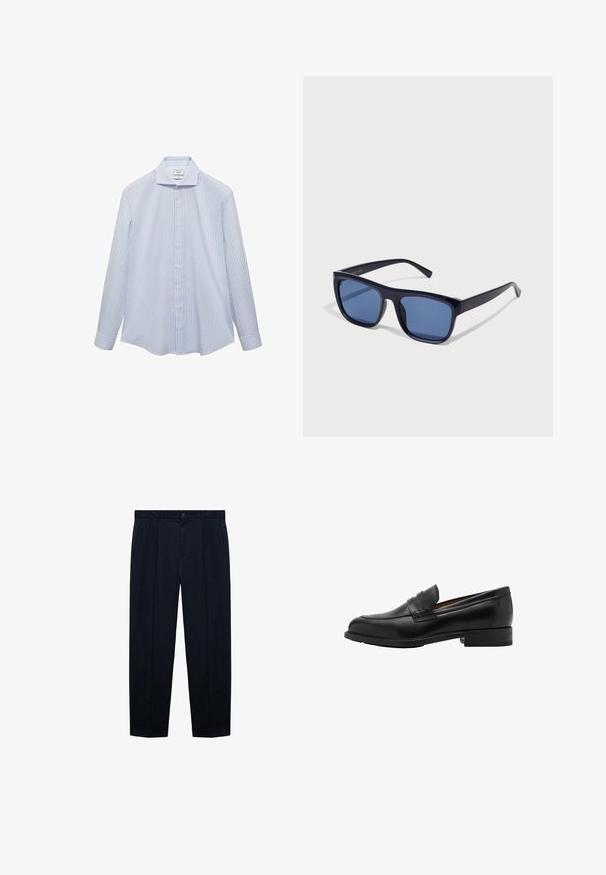 Svijetloplava košulja dugih rukava s bijelim okomitim prugama, s dugim rukavima i dugim gumbima. Glatkasti materijal s strukturiranim krojem.; Mornarine plave hlače ravnog kroja izrađene od lagane tkanine s glatkom teksturom; sadrže kopčanje na dugme i dva bočna džepa.; Crne kožne loafers c revama sprijeda i ravnim potplatom. Glatka tekstura s okruglim vrhom i ukrasnom trakom preko instep-a.; Crne plastične sunčane naočale s pravokutnim okvirom, plavim naočalima i tankim bočnim krakovima, s sjajnim premazom.