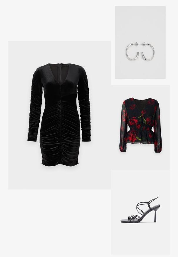 Czarna bluzka w kwiaty z dekoltem w serek, czerwone róże na czarnym tle, przezroczysty materiał, długie rękawy, marszczona talia i falbaniasty dół.; Czarna aksamitna sukienka z długimi bufkowymi rękawami, głębokim dekoltem w serek oraz marszczeniami z przodu. Zamek błyskawiczny z tyłu. Gładka faktura.; Czarne sandały na wysokim obcasie mają cienkie paski z węzłowym wzorem, gładki, kwadratowy czubek i smukły obcas w stylu szpilki.; Jasnoszara metaliczna torebka na łańcuszku, ozdobiona małymi okrągłymi metalowymi ćwiekami oraz trójkątnym logo marki.; Srebrne kolczyki na biglu o gładkim, błyszczącym wykończeniu. O zaokrąglonym kształcie, lekkim designie, z zamknięciem na zatrzask.