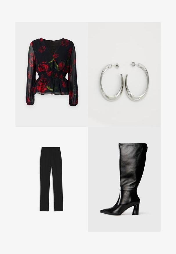 Dark floral blouse with a wrap design, red roses on a black background, sheer fabric, long sleeves, smocked waist, and ruffled hem.; Black tailored trousers with a straight-leg design, featuring front pockets and a smooth, textured fabric. Neat, minimal detailing.; Knee-high black leather boot with a pointed toe, smooth texture, and a chunky heel. Features a zipper detail at the back.; Silver hoop earrings with a smooth, curved design. Features a shiny metallic finish and stud closure. No visible patterns or accents.