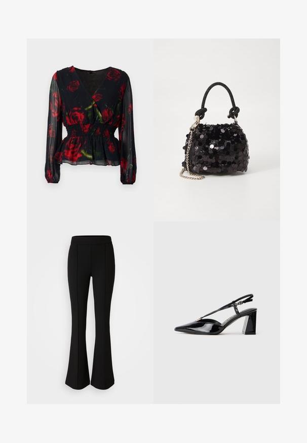 Czarna bluzka w kwiaty z dekoltem w serek, czerwone róże na czarnym tle, przezroczysty materiał, długie rękawy, marszczona talia i falbaniasty dół.; Czarne spodnie dzwony z elastycznego materiału o gładkiej strukturze, z detalami szwów z przodu dla dodatkowego stylu.; Czarne lakierowane szpilki z odkrytymi piętami, z ostrym noskiem, regulowanym paskiem i masywnym prostokątnym obcasem.; Czarna mini torebka z cekinami, z węzłowym, teksturowanym paskiem i srebrnym łańcuchem. O zaokrąglonym kształcie z marszczoną górą i refleksyjnymi detalami.