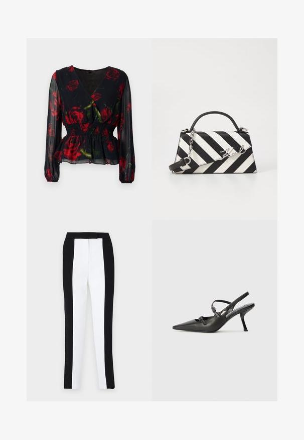 Dark floral blouse with a wrap design, red roses on a black background, sheer fabric, long sleeves, smocked waist, and ruffled hem.; Black and white tapered trousers featuring a slim fit with contrasting panels. Fabric has a smooth texture; waistband is flat and fitted.; Black leather slingback heels with a pointed toe, slender heel, and decorative buckle detail on the vamp. Smooth texture and sleek design.; Black and white striped handbag with a structured shape, featuring a top handle, a detachable chain strap, and metallic logo accent.