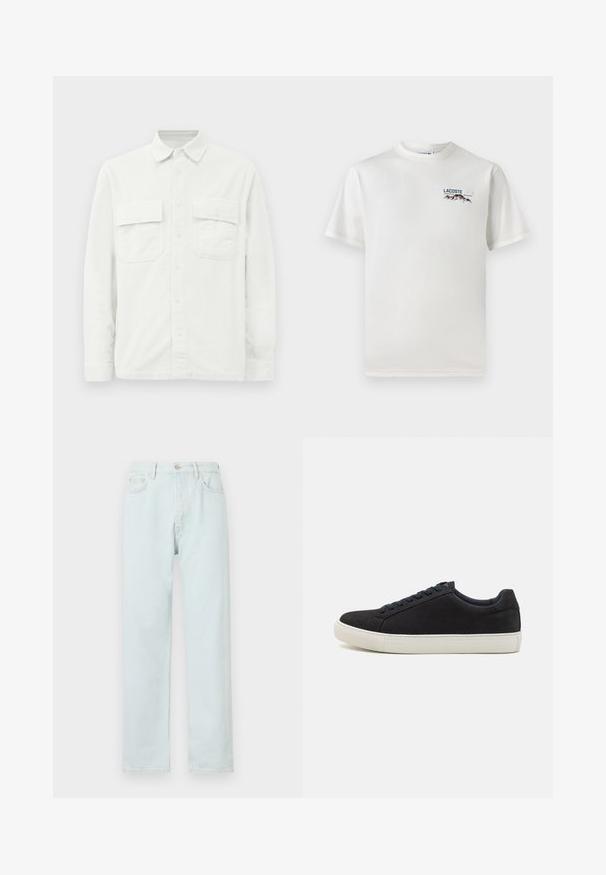 Balta korėta marškiniai su ilgomis rankovėmis, apykakle, dviem krūtinės kišenėmis ir tekstūruotu audinio raštu. Mygtukų uždarymas priekyje.; Baltas medvilninis marškinėliai su apykakle, trumpomis rankovėmis ir mažas siuvinėtas logotipas, vaizduojantis kalnus ir tekstą ant kairiojo krūtinės.; Šviesiai mėlyni tiesaus kirpimo džinsai pagaminti iš džinsinio audinio, su mygtukų uždarymu, subtiliu blukimu ir penkių kišenių dizainu.; Juodas zomšinės sportbačiai su apvaliu nosiu, balta guma padais, kontrastingais mėlynais raišteliais ir lygia tekstūra. Minimalistinis dizainas be matomo logotipo.