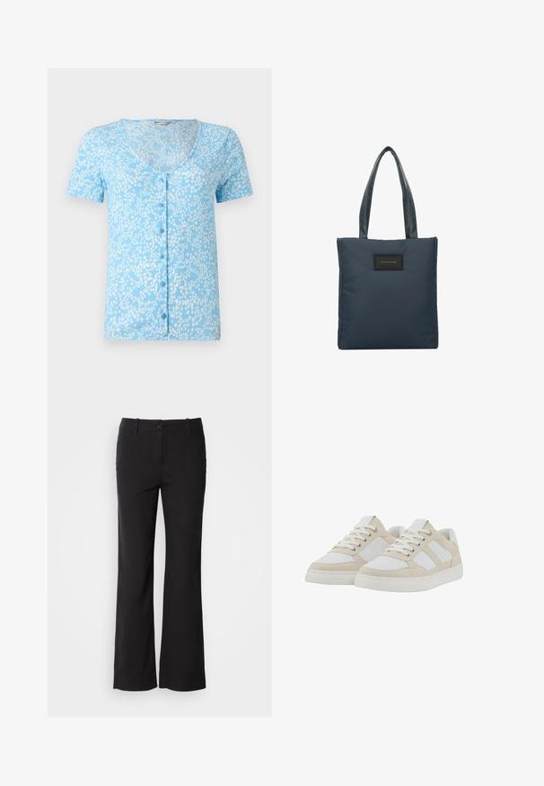 Vaaleansininen lyhythihainen toppi, jossa on syvä V-kaula-aukko ja etupainikkeet. Materiaalina on teksturoitu kangas, jossa on valkoisia kukkakuviota.; Mustat puuvillasekoitetekstiilit, jossa on suora lahje, etunappi kiinnitys ja kaksi sivutaskua. Sileä rakenne, ei näkyviä kuvioita.; Beige ja valged jooksujalatsid, millel on tekstuuriga ülemine osa, paeltesulgur ja pehmendatud krae. Omaduseks on kolm valget kylge triipu ja kummist tallad.; Tummansininen kassi, joka on valmistettu sileästä nailonista. Kassissa on kaksi tekstuurista kahvaa ja etuosassa musta suorakulmainen logotarra.