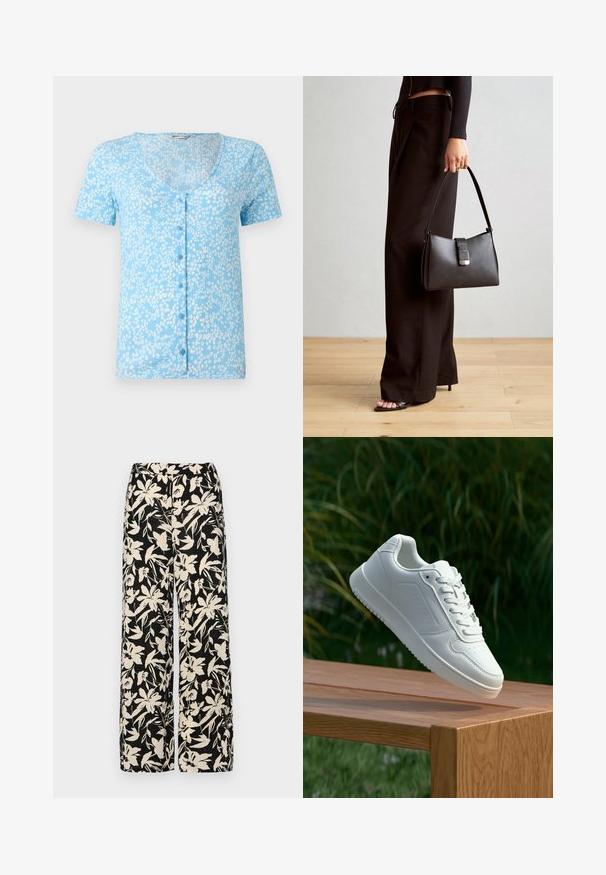 Šviesiai mėlyna trumpomis rankovėmis palaidinė su gilia V formos iškirpte ir priekyje esančiais mygtukais. Palaidinė pasižymi tekstūruotu audiniu su baltais gėlių raštais.; Juodos plačios kojos kelnės su grietinėlės spalvos gėlių raštu. Pagamintos iš lengvos medžiagos, pasižyminčios lygiapass viršutine tekstūra ir aukštu liemeniu.; Balti sneakeriai su lygia sintetine viršutine dalimi, perforuota pirštų zona, plokščiomis raištelėmis ir tekstūruotu padu, padėti ant medinės paviršiaus.; Juodas rankinė struktūrizuota forma, lygi tekstūra ir metalinis užsegimas. Suporuota su plačiomis juodomis kelnėmis ir atvirais bateliais ant medinių grindų.