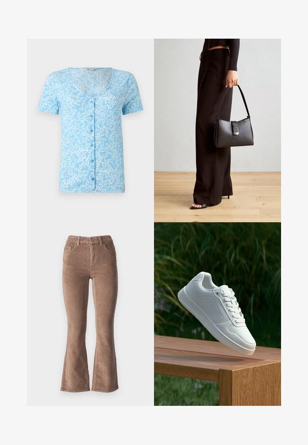 Gaiši zils īsām piedurknēm tops ar dziļu V veida kakla izgriezumu un priekšējiem pogām. Iezīmēts ar teksturētu audumu, kuram visā virsmā ir baltas ziedu rakstu ornamentes.; Brūni kordūrveida izspiedumi ar ribota tekstūru, ar augsto jostasvietu, piecām kabatām un priekšējo pogu aizdari.; Baltie sporta apavi ar gludu sintētisku augšpusi, perforētu pirkstu daļu, plakani šņorēm un rakstainu zoli, novietoti uz koka virsmas.; Melnā somiņa ar strukturētu formu, gludu tekstūru un metālu sprādzi. Saskaņota ar platām melnām biksēm un sandālēm ar atvērtu purngalu uz koka grīdas.