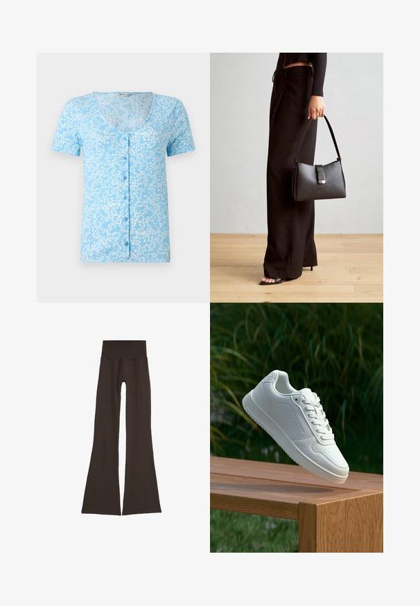 Jasnoniebieski krótki top z głębokim dekoltem w serek i guzikami z przodu. Posiada teksturowany materiał z białymi wzorami kwiatowymi na całej powierzchni.; Ciemnobrązowe legginsy dzwonowe z szerokim, prążkowanym pasem. Wykonane z miękkiego, elastycznego materiału, charakteryzujące się bezszwowym designem i bez widocznych elementów metalowych.; Biały sneaker z gładką syntetyczną cholewą, perforowanym noskiem, płaskimi sznurowadłami i teksturowaną podeszwą, wyeksponowany na drewnianej powierzchni.; Czarna torebka o usztywnionym kształcie, gładkiej fakturze i metalowym zapięciem. Połączona z szerokimi czarnymi spodniami i sandałami na otwartym palcu na drewnianej podłodze.