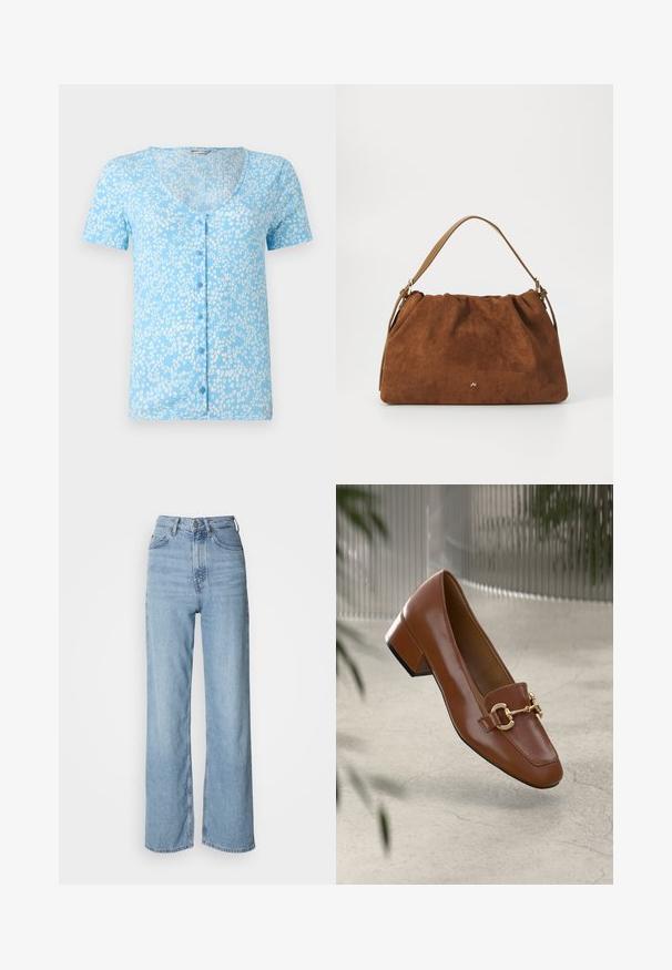 Top azzurro chiaro a maniche corte con scollatura a V profonda e bottoni frontali. Presenta un tessuto testurizzato con motivi floreali bianchi in tutto il capo.; Jeans blu chiaro a vita alta con gamba dritta, realizzati in denim, dotati di chiusura frontale con bottone e dettagli di sfumatura leggera.; Mocassino in pelle verniciata marrone con punta quadrata, accentato da catena metallica e tacco basso; texture liscia, design minimalista.; Borsa in suede marrone con un design arricciato, dotata di una singola tracolla in pelle beige e di un sottile logo dorato dettagliato sulla parte anteriore.