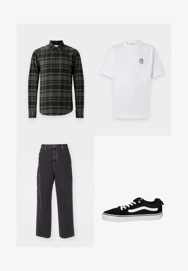 Camicia a maniche lunghe a fantasia scozzese verde scuro e nera, realizzata in flanella. Presenta un colletto classico e bottoni neri.; Maglietta bianca in cotone con maniche corte, scollo rotondo e un piccolo logo "C" blu ricamato sul lato sinistro del petto.; Pantaloni in denim neri con vestibilità comoda, caratterizzati da cuciture bianche a contrasto e chiusura con bottone. Design a gamba dritta, senza tasche aggiuntive.; Sneaker basse in suede nero con lacci bianchi, striscia laterale bianca e suola in gomma con accenti bianchi e neri.