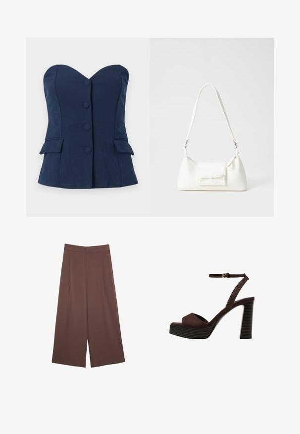 Mornarsko modra brezramenska majica s srčastim izrezom, sprednjimi gumbi in stranskimi žepi. Narejena iz gladkega blaga, z moderno krojem.; Rjave široke hlače z gladko teksturo, ki imajo visok pas in sprednje naborke. Tkanina je lahka in prosto pada.; Rjave semiš sandale z visoko peto, odprto spredaj, z nastavljivim gležnjenjem in črtastim podplatom.; Bela sintetična torbica v obliki trikotnika, z ravnim sprednjim poklopcem in detajlom mašne, nastavljivim trakom, gladko teksturo in minimalističnim dizajnom.