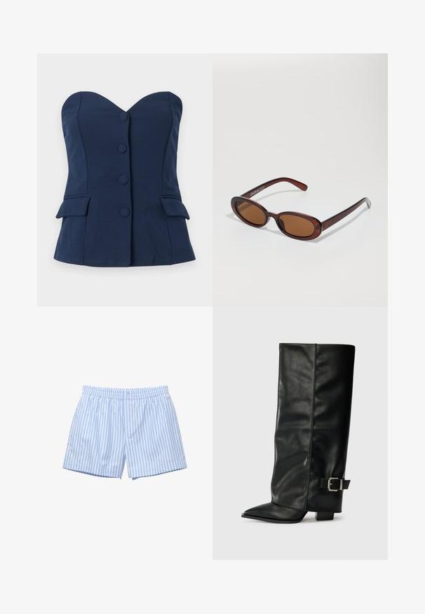 Námořnická modrá top bez ramínek s výstřihem ve tvaru srdce, předními knoflíky a bočními kapsami. Vyrobeno z hladké látky, s přizpůsobeným střihem.; Světle modré pruhované boxerky vyrobené z měkké bavlny. Mají elastický pas, zavírání na knoflík a volný střih. Na boku je decentní logo.; Černé kožené kotníkové boty až po kotníky s špičatou špičkou, hladkým povrchem a stříbrnou sponou na boku. Masivní čtveritý podpatek.; Kulaté sluneční brýle hnědé barvy s lesklým burgundským rámem. Úzké nožičky s jemným logem. Rovné čočky.; Casio kvartzové hodinky s obdélníkovým stříbrným ciferníkem, zlatými akcenty a dvoubarevným kovovým náramkem ve stříbrné a zlaté barvě. Voděodolné.