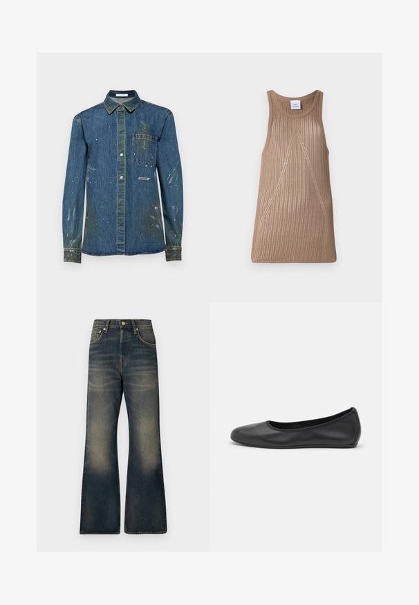 Camicia in denim da uomo, blu con macchie vissute e spruzzi di vernice bianca, design con bottoni, maniche lunghe, taschino sul petto e colletto a punta.; Top in maglia senza maniche beige con texture a coste, con una forma ad A e sottili dettagli in cucitura diagonale.; Jeans in denim a gamba larga di colore blu scuro con un lavaggio sfumato, dotati di cinque tasche, chiusura con bottone e dettagli di cucitura a contrasto.; Pantofole da balletto nere in pelle con punta arrotondata, texture liscia, dettagli di cucitura minimi e design con suola flessibile.