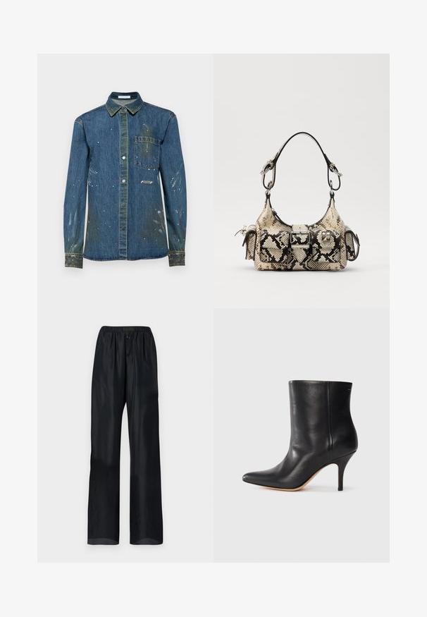 Mandens denimskjorte, blå med slidte pletter og hvid malingstænk, knap-op design, lange ærmer, brystlomme og spids krave.; Sorte, letvægtsbukser med en afslappet pasform, der har en elastisk linning og to forreste knapper. Glat tekstur med et lige ben-design.; Sort læder ankelstøvle med spids tå, slank stiletthæl og glat tekstur. Minimalistisk design uden synligt hardware eller accenter.; Python-print håndtaske i beige og sort, med en struktureret form, spænde-detalje og dobbelte skulderremme. Tekstureret overflade.