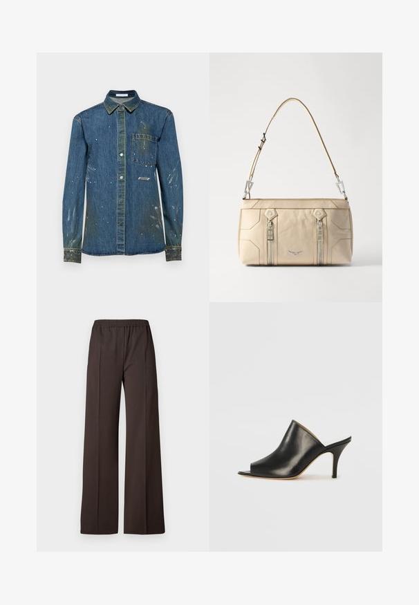 Herrars skjorta i denim, blå med slitna fläckar och vit färgfläck, knäppning framtill, långärmad, bröstficka och spetsig krage.; Vidbyxorna i mörkbrunt tyg har ett elastiskt midjeband och en slät yta med rena linjer för en skräddarsydd look.; Svart läder öppen tå mule med en stilren, böjd design, hög stilettklack och slät yta. Inredningen har en kontrasterande ljus färg.; Beige läderhandväska med silverdetaljer, två sidoglittrar, strukturerad design och en avtagbar rem för mångsidighet.