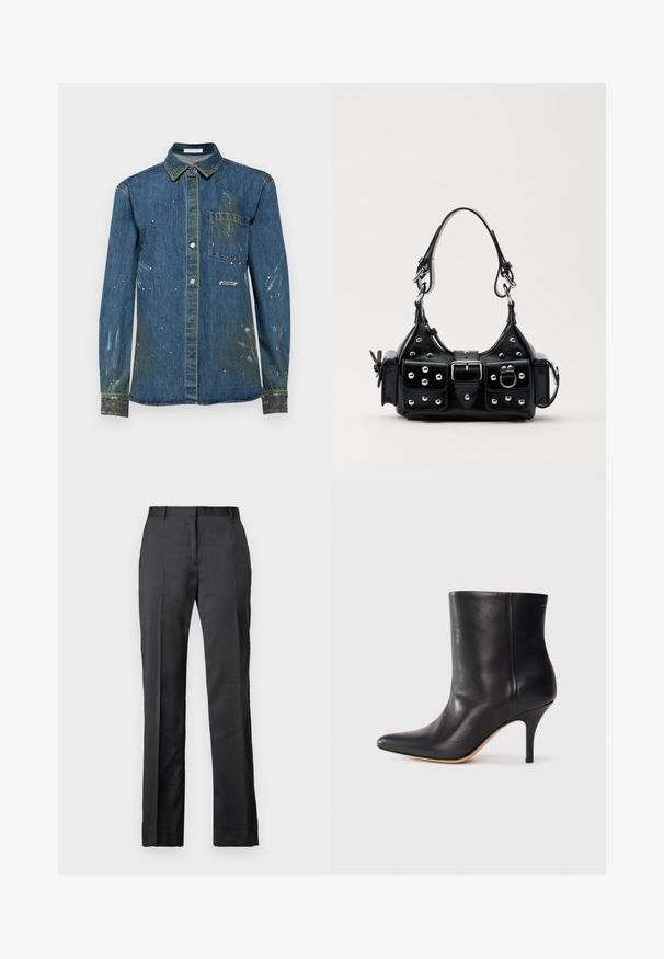 Men's denim shirt, blue with distressed spots and white paint splatter, button-up design, long sleeves, chest pocket, and a pointed collar.; Tailored black dress pants made from a smooth fabric. Features a straight leg design, flat front, and subtle crease detailing.; Black leather ankle boot with pointed toe, slim stiletto heel, and smooth texture. Minimalist design with no visible hardware or accents.; Black leather handbag with a curved design, featuring silver studs, a buckle, and two side pockets. Adjustable strap for carrying options.