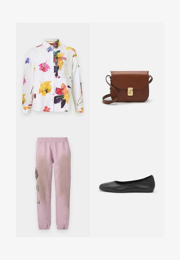 Biela košeľa na gombíky so farebnou kvetinovou potlačou v ružovej, žltej a modrej farbe. Obsahuje náprsné vrecko a dlhé rukávy.; Biela krátka tričko s krátkymi rukávmi vyrobené z rebrovanej látky. Klasický okrúhly výstrih, bežný strih a jemné švy. Bez vzorov alebo grafiky.; Ružové tepláky s elastickým pásom, s ozdobnými nášivkami v tvare diamantu na ľavej strane a elastickými manžetami na členkoch.; Čierne kožené baleríny s okrúhlou špičkou, hladkým povrchom, minimálnym prešívaním a flexibilným dizajnom podrážky.; Hnedá kožená kabelka s klopou, zlatými kovovými prvkami, ramenným popruhom a hladkým povrchom. Kompaktný obdĺžnikový tvar.