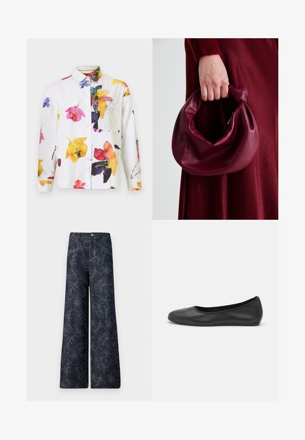 Bílá košile s knoflíky, obsahující barevný květinový vzor v růžové, žluté a modré barvě. Obsahuje náprsní kapsu a dlouhé rukávy.; Tmavě modré široké kalhoty z denimu se vyšívaným květinovým vzorem ve světle modré barvě. Klasický design s pěti kapsami a zapínáním na knoflík v přední části.; Černé kožené baletní byty s kulatou špičkou, hladkou texturou, minimálními švy a flexibilním designem podrážky.; Burgundská kožená kabelka s měkkým, nabíraným designem a zaobleným tvarem. Ucho je zajištěné a vykazuje hladkou texturu.