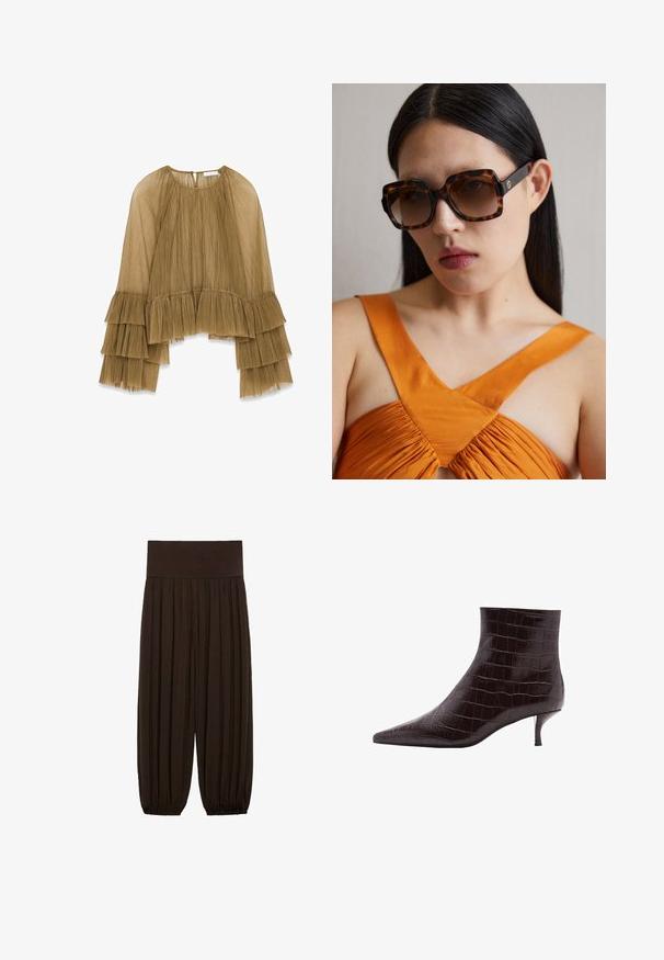 Braun gefälteter Oberteil mit ausgestellten Ärmeln, ausgestattet mit gestuften Rüschen an den Bündchen und am Hals. Hergestellt aus leichtem, strukturiertem Stoff.; Braune plissierte Hose mit einem breiten, elastischen Bund. Der Stoff ist leicht und strukturiert und hat an den Säumen Gatherings.; Schwarze, krokodilgeprägte Lederstiefel mit spitzem Zeh und kurzem, dünnem Absatz. Glatte Textur mit ausgeprägtem Muster und elegantem Design.; Braune Schildkrötensonnenbrille im Übergrößenformat mit einem breiten rechteckigen Rahmen und gefärbten Gläsern. Goldfarbenes Logo-Detail an der Seite.