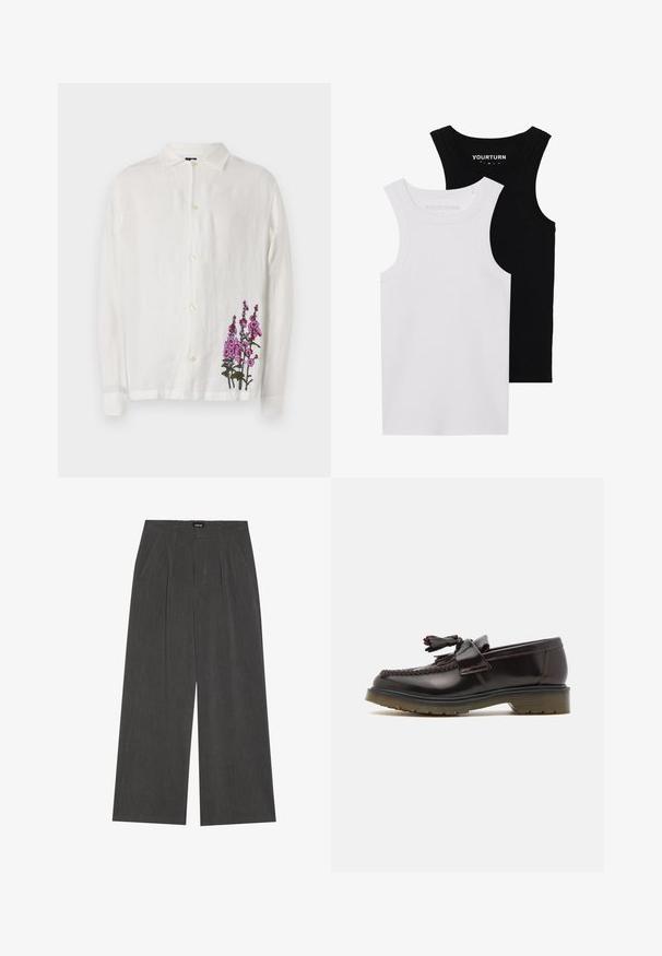 Camicia bianca in lino con maniche lunghe, chiusura a bottoni e vivaci ricami floreali rosa sul lato inferiore destro. Texture morbida.; Due magliette attillate in nero e bianco. Realizzate in cotone a coste, presentano spalline larghe e scollature arrotondate. Marchio sul colletto.; Pantaloni a gamba larga in tessuto grigio scuro, con fronte plissettato, due tasche laterali e vita piatta. Texture liscia e design sartoriale.; Mocassini in pelle marrone con design intrecciato, dettaglio con nappine e suola piatta in gomma. Caratterizzati da una finitura liscia e cuciture a contrasto.