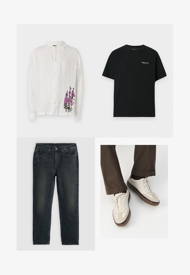 Fehér lening ing hosszú ujjal, gombos záródással és élénk rózsaszín virágmotívummal a jobb alsó oldalon. Puha tapintás.; Fekete pamut póló rövid ujjal, kerek nyakkal, és kis fehér szöveges logóval a bal felső mellen. Simaszerkezetű, laza szabású.; Sötétkék farmernadrág, egyenes fazonnal, ött zsebbel, cipzáras sliccel és kontrasztos varrással. A szövet enyhe kopása.; Beige sportcipők, texturált velúr elülső résszel, sima bőr oldalakkal és barna gumitalppal. Fűzők és világos varrási részletek is megtalálhatók.