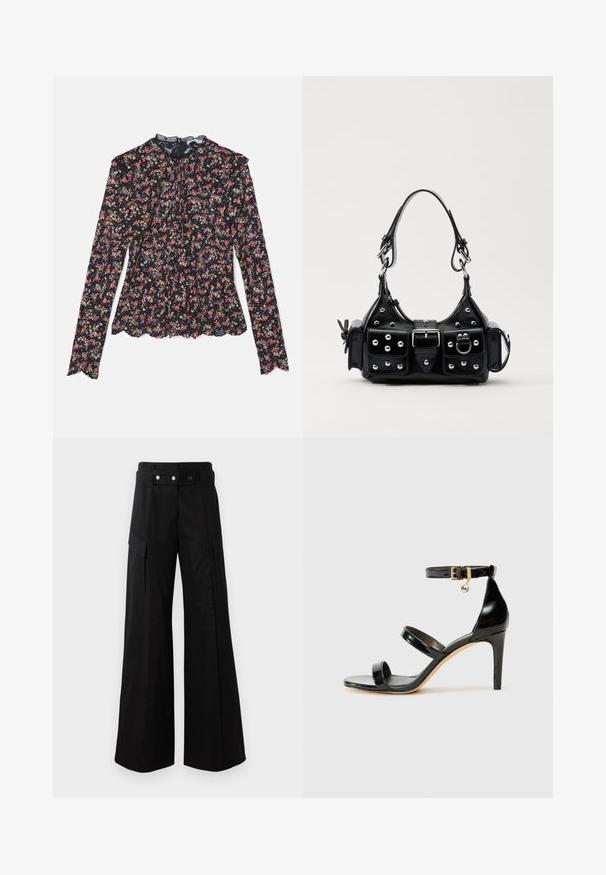 Musta pitkähihaine paita, jossa on punaisia, keltaisia ja vihreitä kukkakuvioita. Kaula-aukossa on pitsireunus ja helma on röyhelöinen.; Mustat leveälahkeiset housut, joissa on korkea vyötärö, suuret sivutaskut, kaksi etunappia ja silmukkayksityiskohta. Valmistettu kestävästä kankaasta.; Musta patentoitu nahkasandaali, jossa on kolme hihnaa, nilkkasolki ja 4 tuuman stiletto-korko. Varustettu kultaisilla yksityiskohdilla ja logokoristeella.; Musta nahkainen käsilaukku, jossa on kaareva muotoilu, hopeiset niitit, solki ja kaksi sivutaskua. Säädettävä olkahihna erilaisiin kantovaihtoehtoihin.