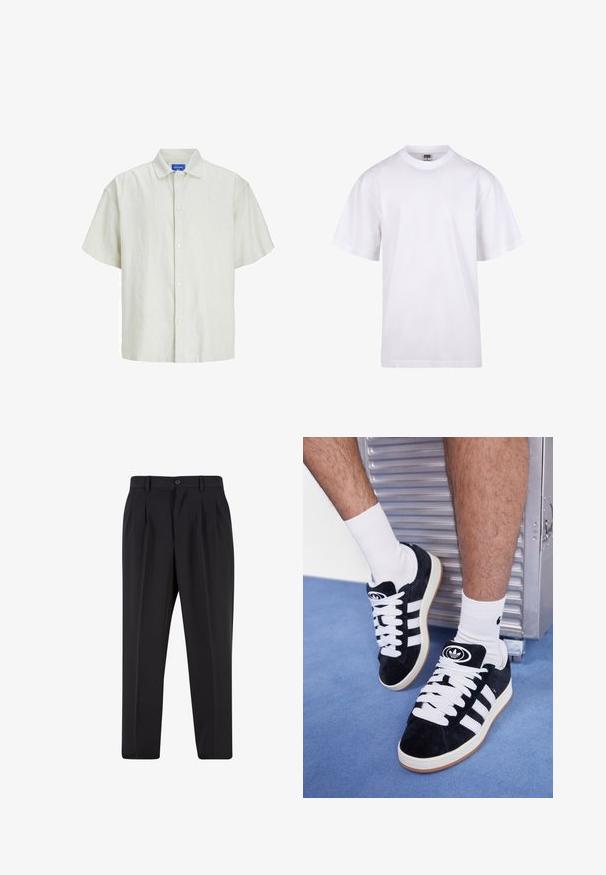 Short-sleeve, light green button-up shirt made from a textured fabric, featuring a classic collar and six white buttons down the front.; White cotton t-shirt with a crew neckline, short sleeves, and a relaxed fit. Features plain design without patterns or accents.; Black trousers with a pleated front design, made from smooth fabric. Features a button closure and belt loops; straight-leg fit.; Black suede sneakers with white laces and three white stripes. Features a circular black logo on the tongue and a gum rubber sole.