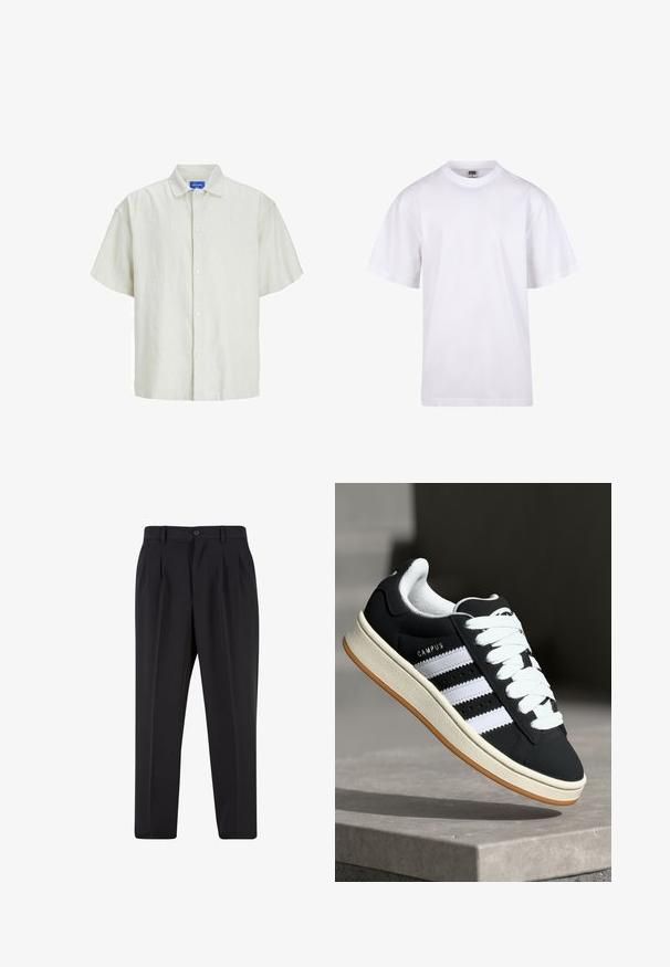 Short-sleeve, light green button-up shirt made from a textured fabric, featuring a classic collar and six white buttons down the front.; White cotton t-shirt with a crew neckline, short sleeves, and a relaxed fit. Features plain design without patterns or accents.; Black trousers with a pleated front design, made from smooth fabric. Features a button closure and belt loops; straight-leg fit.; adidas Originals CAMPUS 00S - Trainers - core black/footwear white/off-white