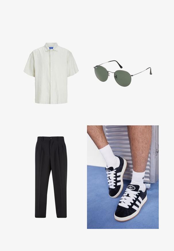 Camicetta a maniche corte di colore verde chiaro, realizzata in un tessuto testurizzato, con colletto classico e sei bottoni bianchi sul davanti.; Pantaloni neri con design a pieghe sul davanti, realizzati in tessuto morbido. Presentano una chiusura con bottone e passanti per cintura; vestibilità a gamba dritta.; Sneakers in suede nero con lacci bianchi e tre strisce bianche. Presentano un logo circolare nero sulla linguetta e una suola in gomma color gomma.; Occhiali da sole con montatura in metallo e lenti verdi ovali. Montatura sottile in metallo argento e terminali neri. Design minimalista, senza loghi visibili.